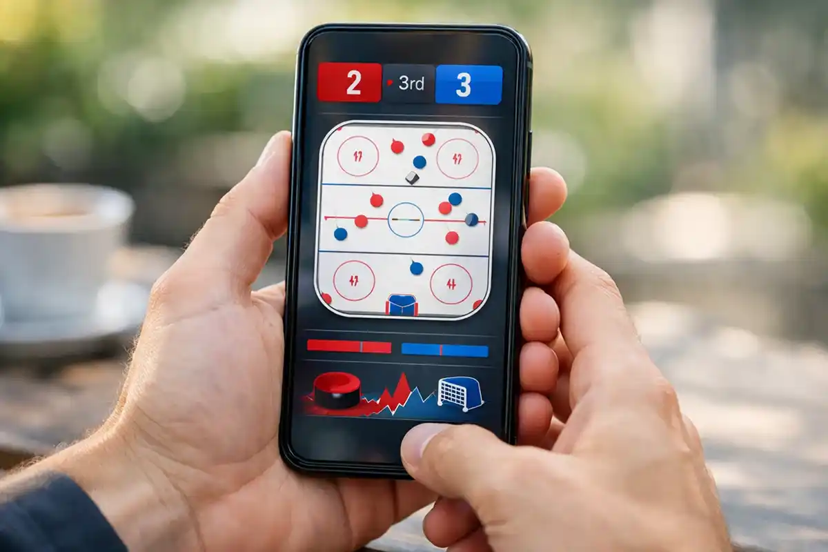 Mobilní telefon s hokejovou aplikací zobrazující live zápas a sázky