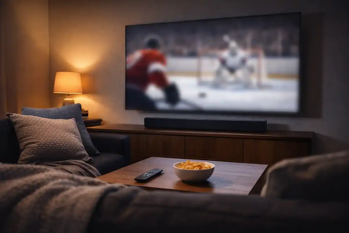Moderní obývací pokoj s televizí zobrazující hokejový zápas