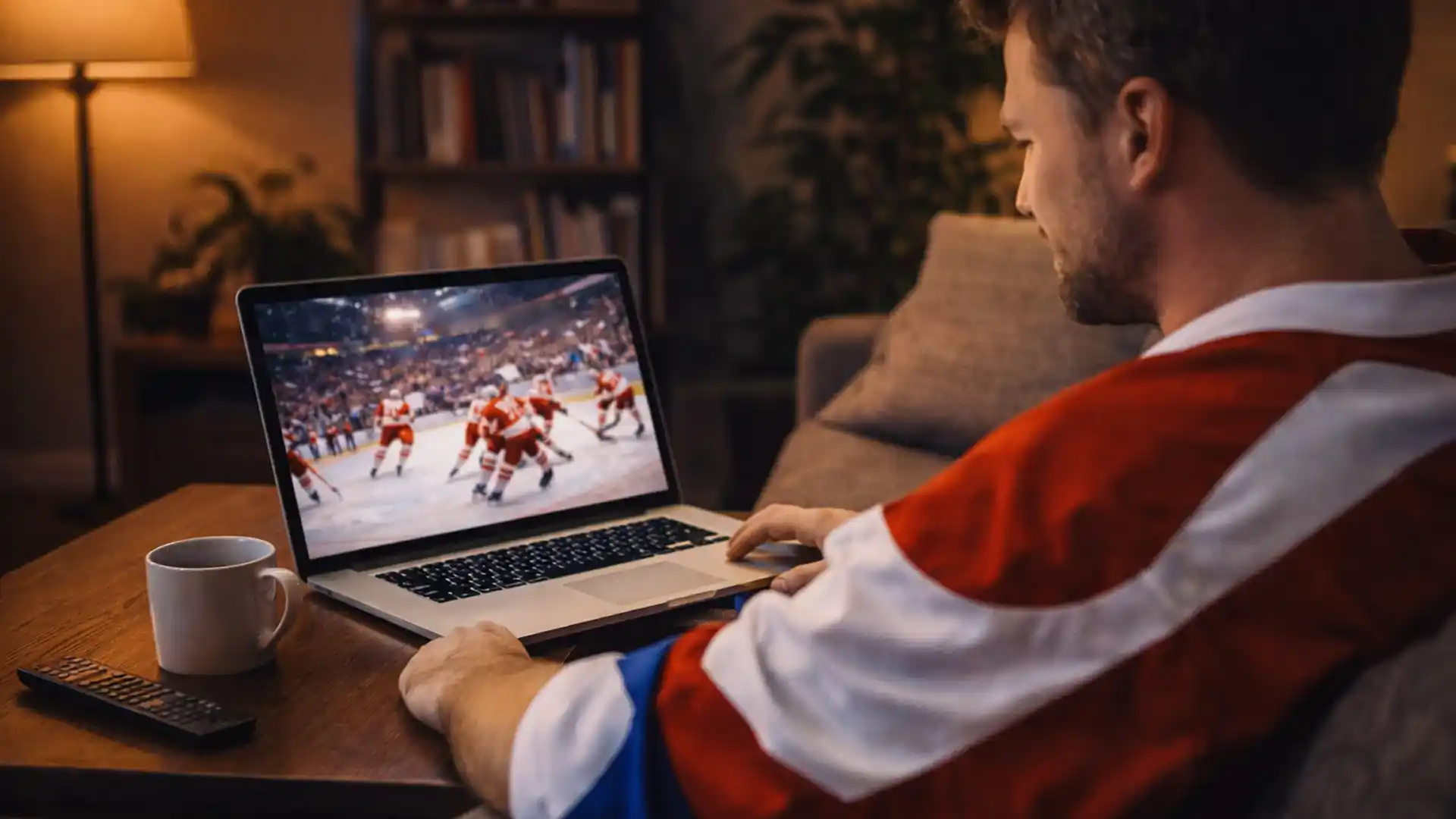 Český hokejový fanoušek sleduje zápas online na notebooku v útulném prostředí domova