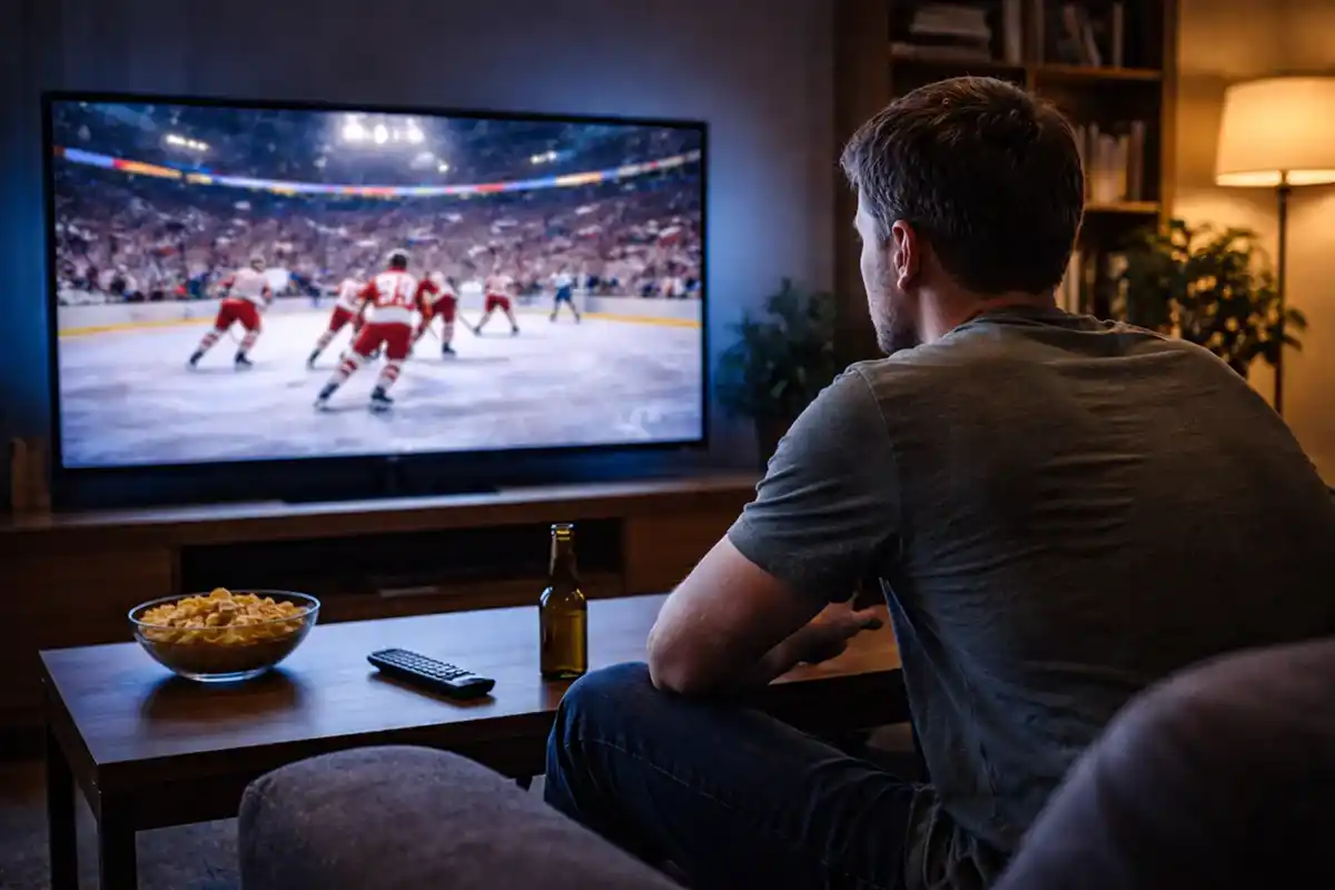 Fanoušci sledující hokejový zápas živě na velkém monitoru