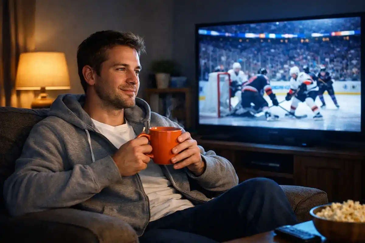 Český fanoušek sleduje noční přenos NHL se šálkem kávy