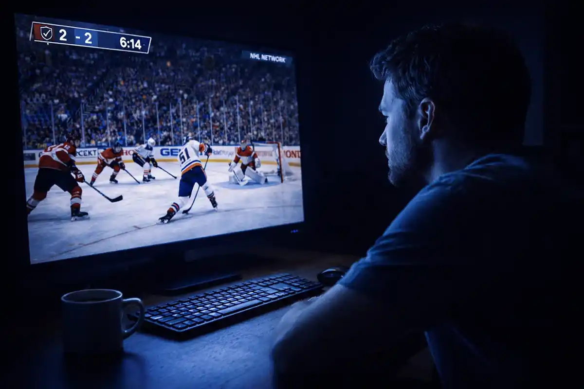 Český fanoušek sleduje noční zápas NHL a analyzuje sázky