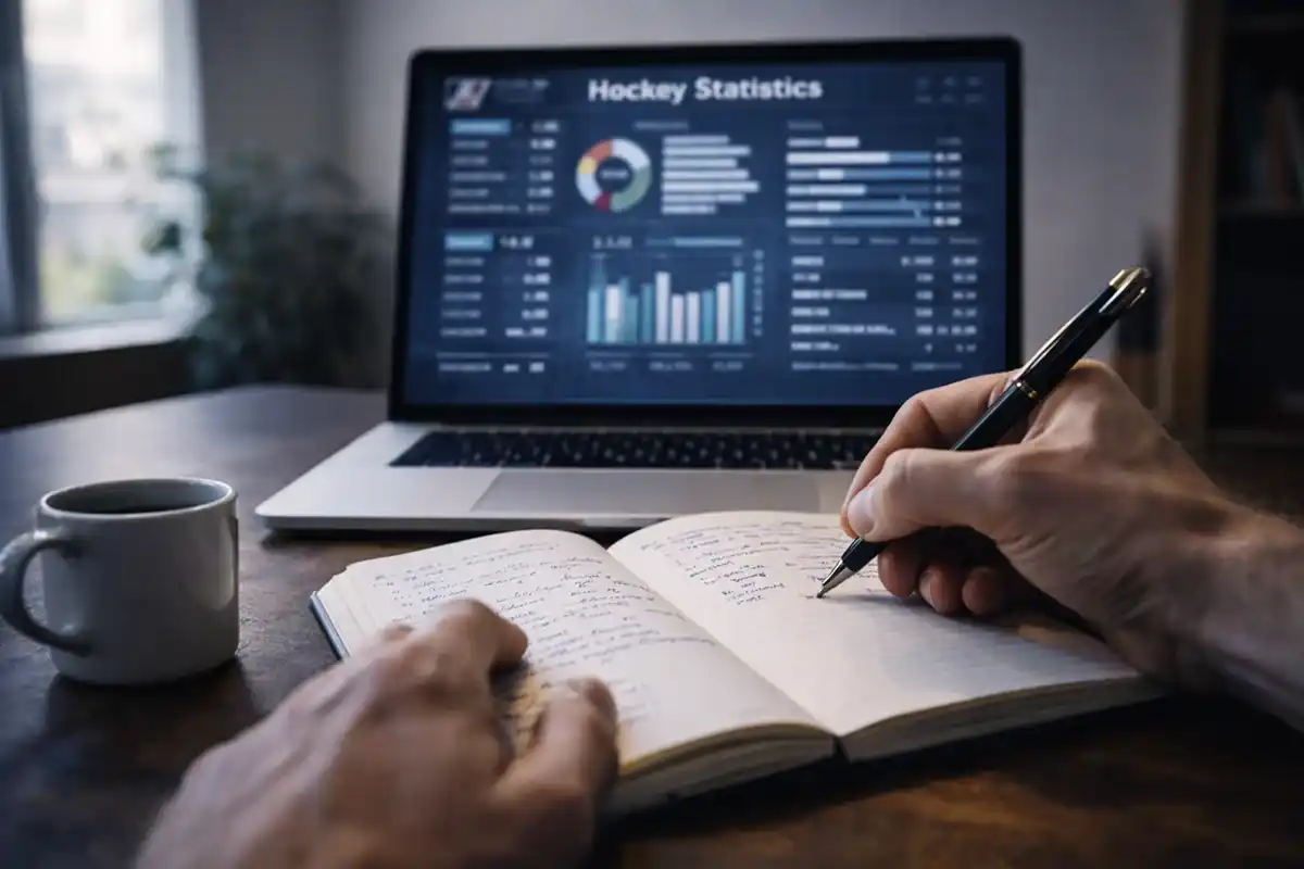 Člověk si dělá poznámky a analyzuje hokejové statistiky