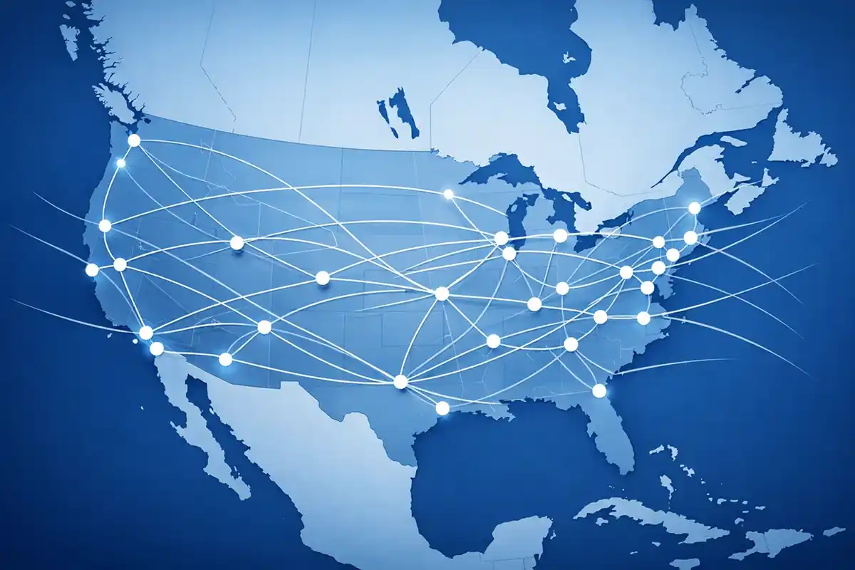Mapa USA s vyznačenými trasami cestování NHL týmů