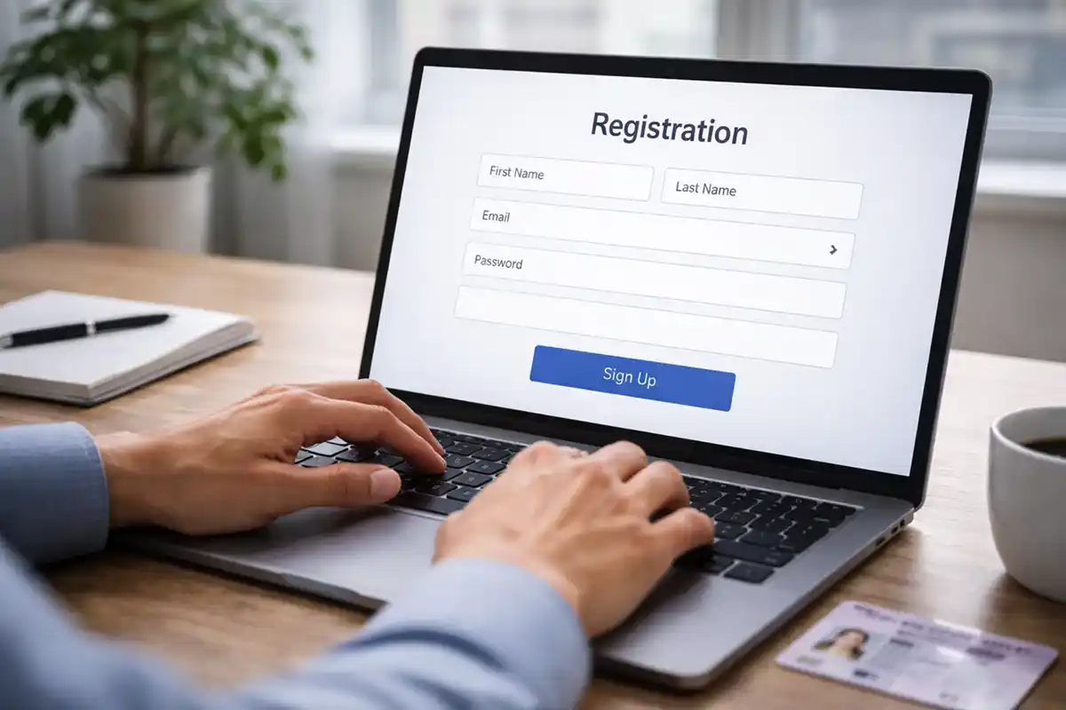 Proces online registrace u české sázkové kanceláře na notebooku